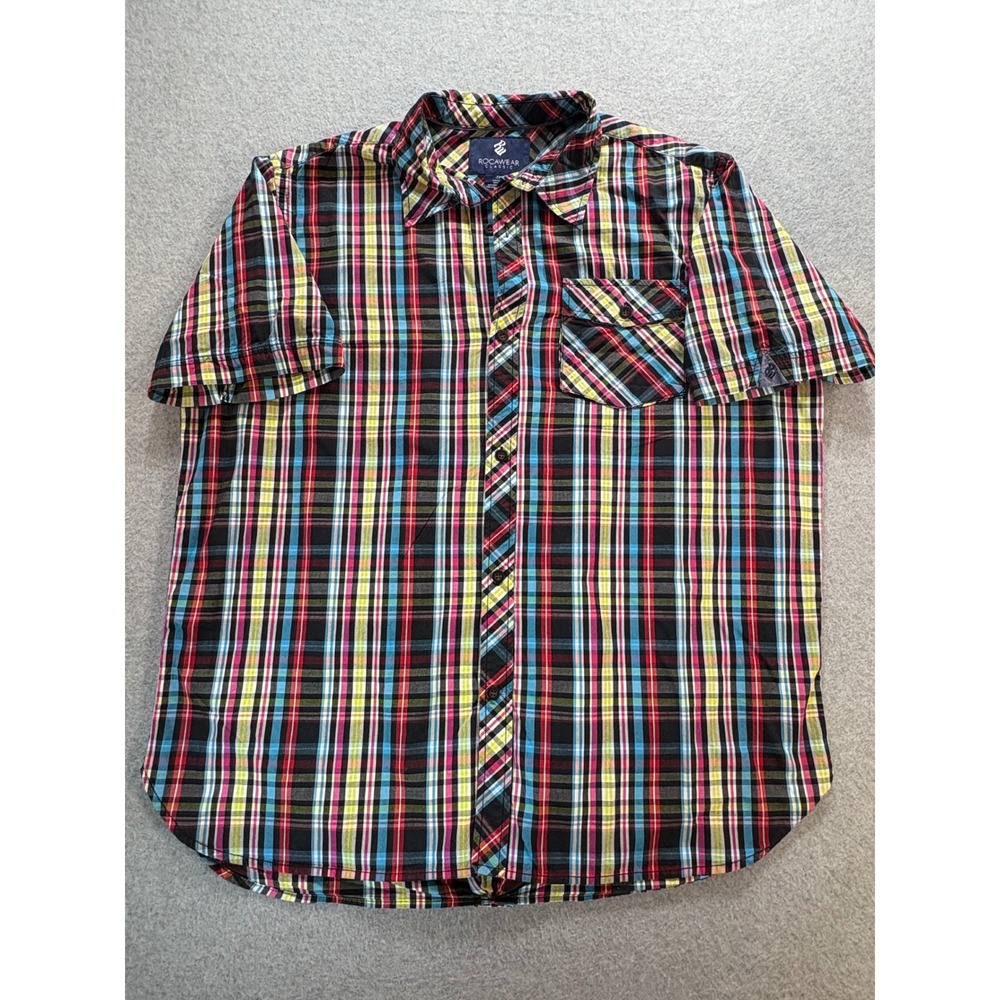 Rocawear Classic Mens 2XL Plaid Button Down Shirt Short Sleeve Multi Color